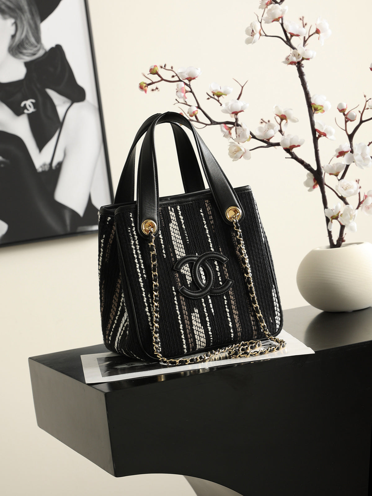 Chanel Mini Shopping Bag – Black, White & Gray | Pre-Owned Authentic