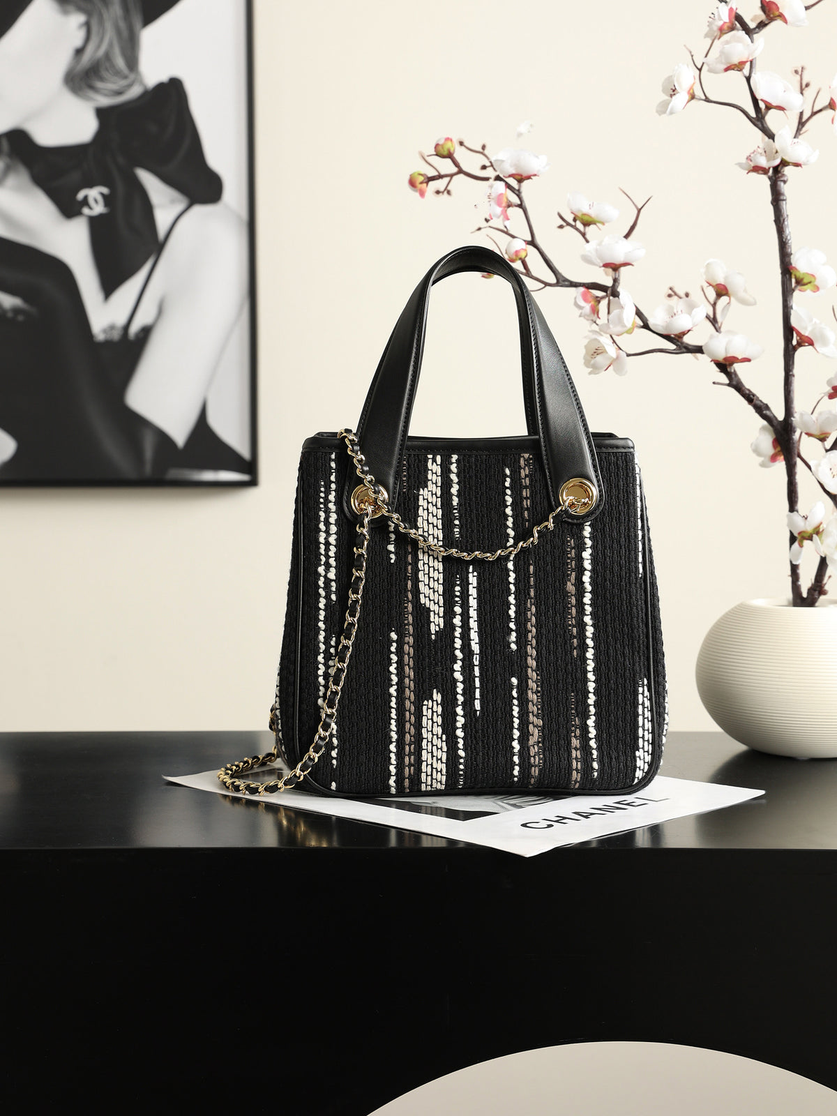 Chanel Mini Shopping Bag – Black, White & Gray | Pre-Owned Authentic