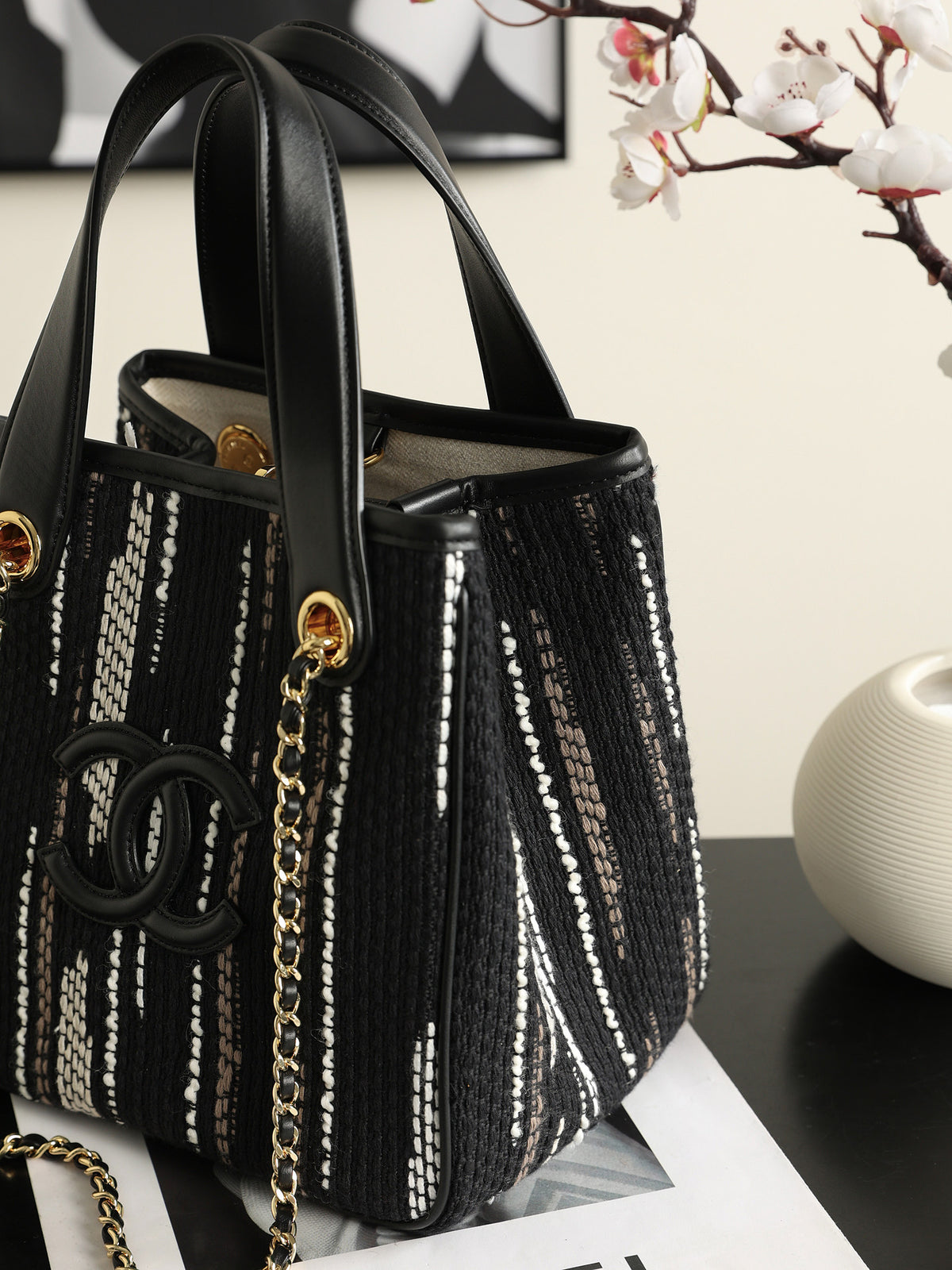 Chanel Mini Shopping Bag – Black, White & Gray | Pre-Owned Authentic