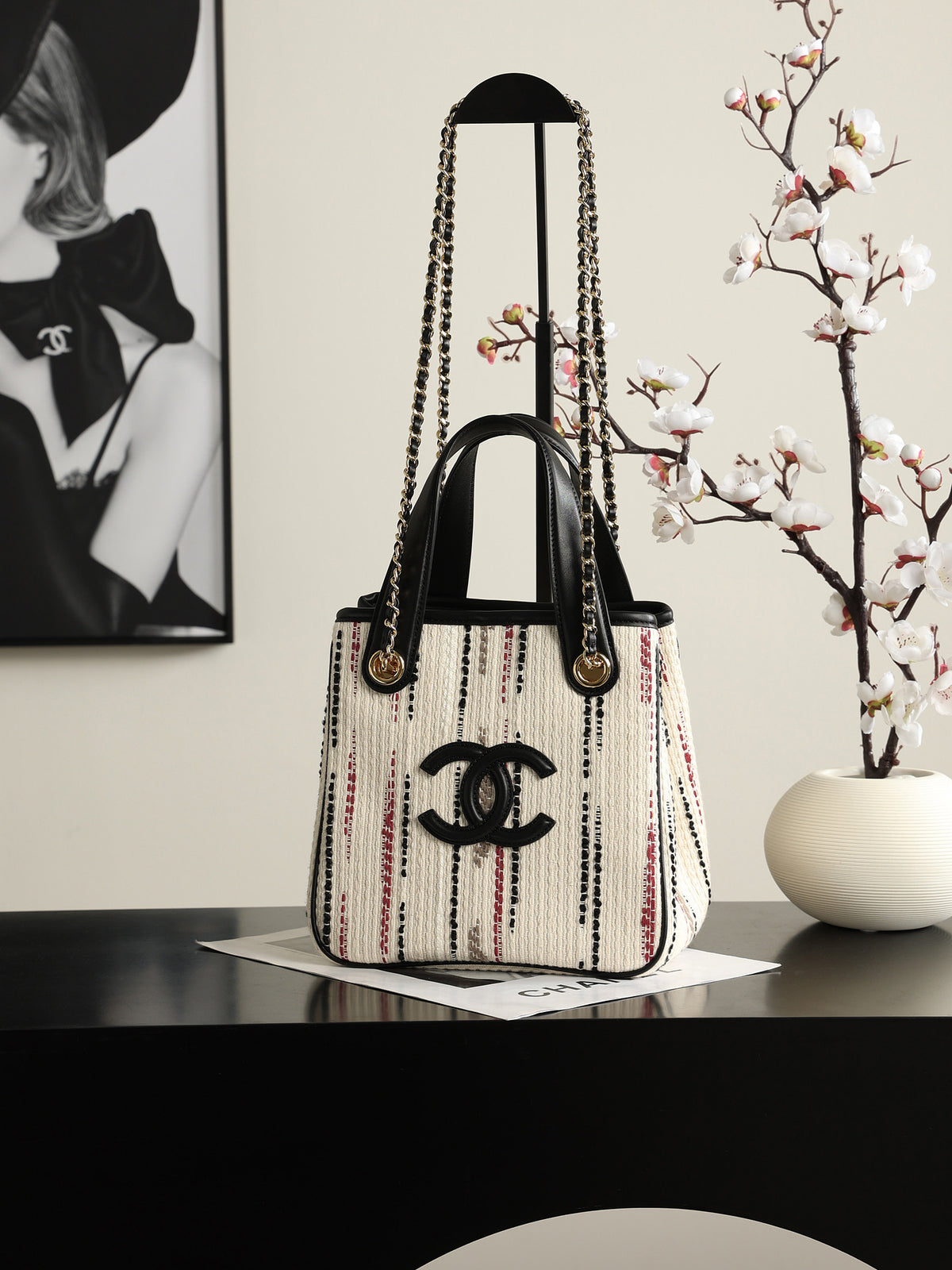 Chanel Mini Shopping Bag – Ecru, Black, Beige, & Red | Pre-Owned Authentic