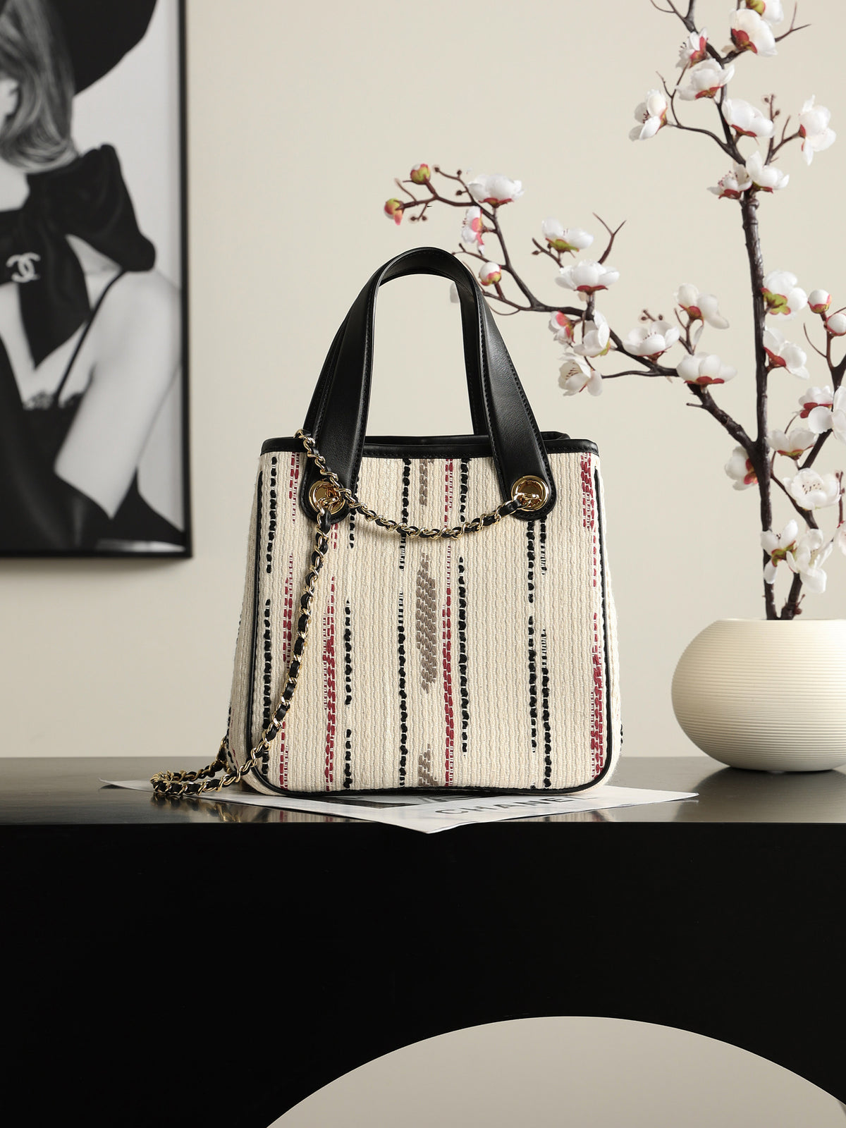 Chanel Mini Shopping Bag – Ecru, Black, Beige, & Red | Pre-Owned Authentic
