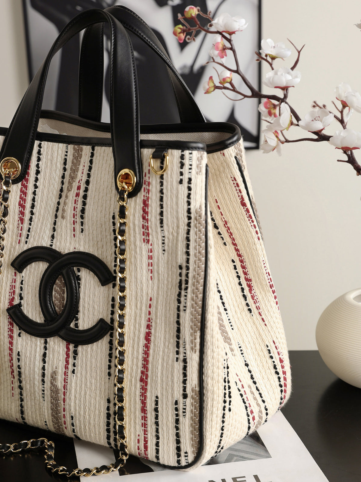 Chanel Small Shopping Bag – Ecru, Black, Beige, & Red canvas detail