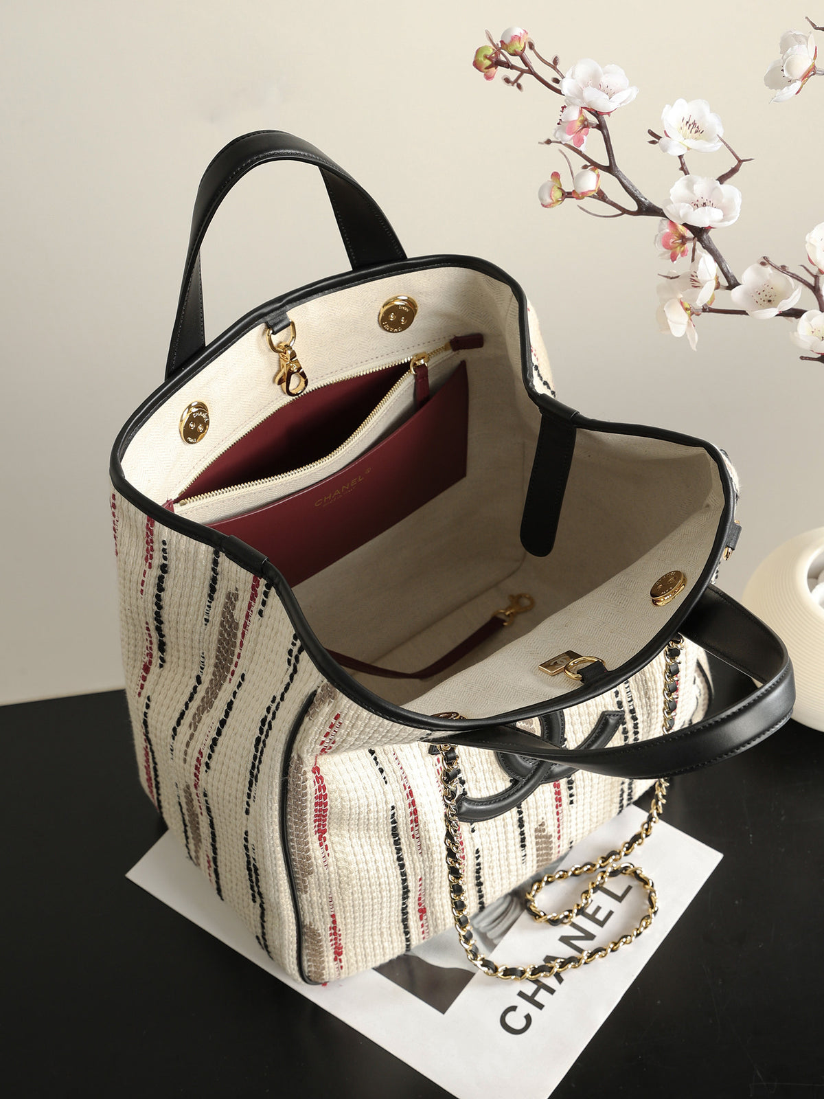 Chanel Small Shopping Bag – Ecru, Black, Beige, & Red interior view