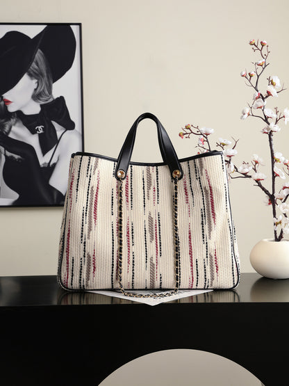 Chanel Large Shopping Bag – Ecru, Black, Beige, & Red | Pre-Owned Authentic