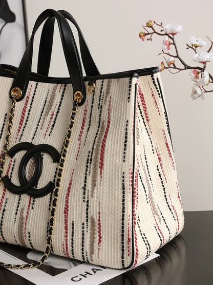Chanel Large Shopping Bag – Ecru, Black, Beige, & Red | Pre-Owned Authentic