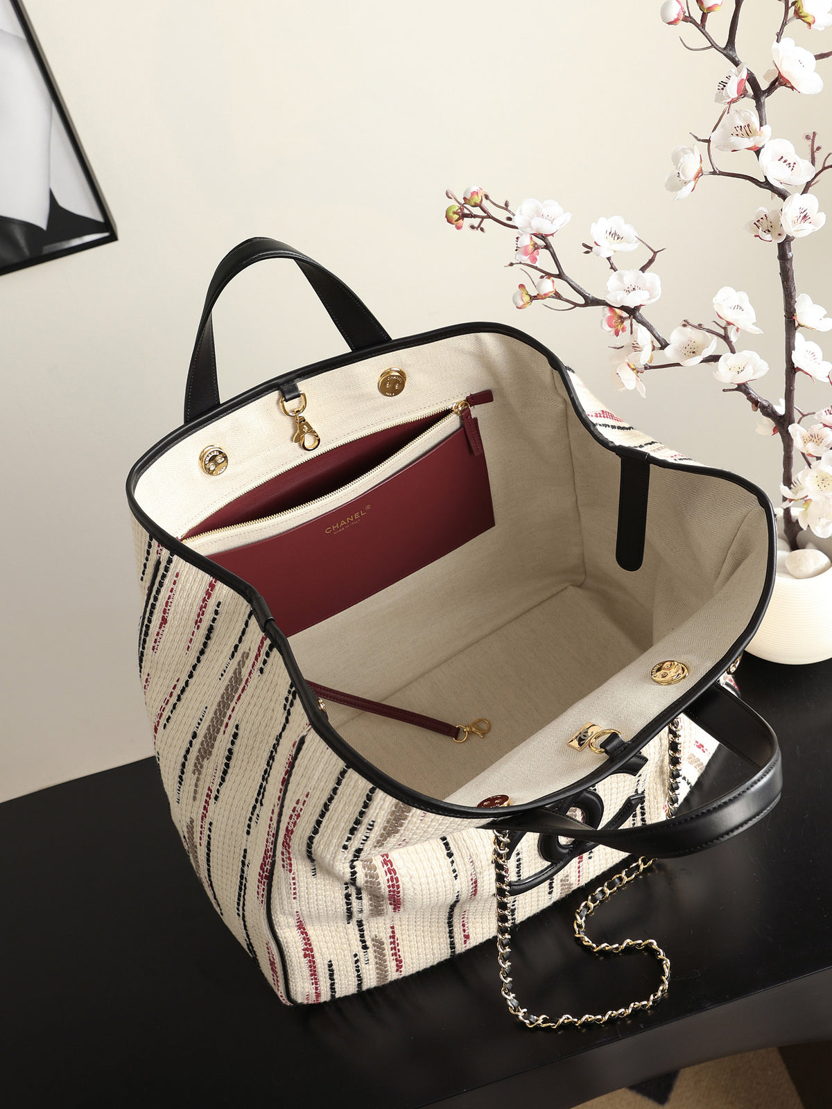 Chanel Large Shopping Bag – Ecru, Black, Beige, & Red | Pre-Owned Authentic