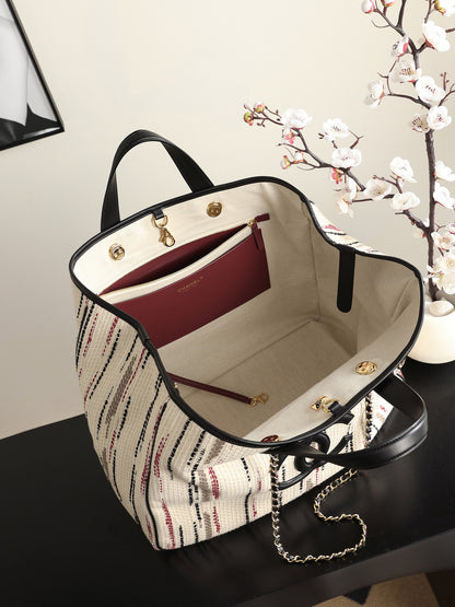 Chanel Large Shopping Bag – Ecru, Black, Beige, & Red | Pre-Owned Authentic