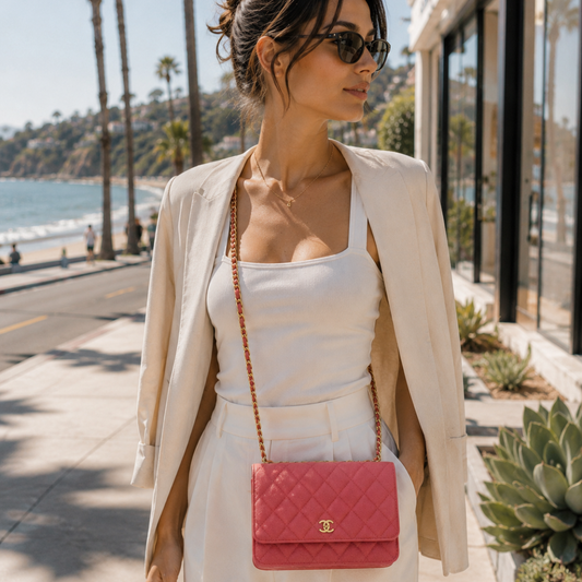 Chanel Classic Wallet on Chain in Coral Pink - lifestyle