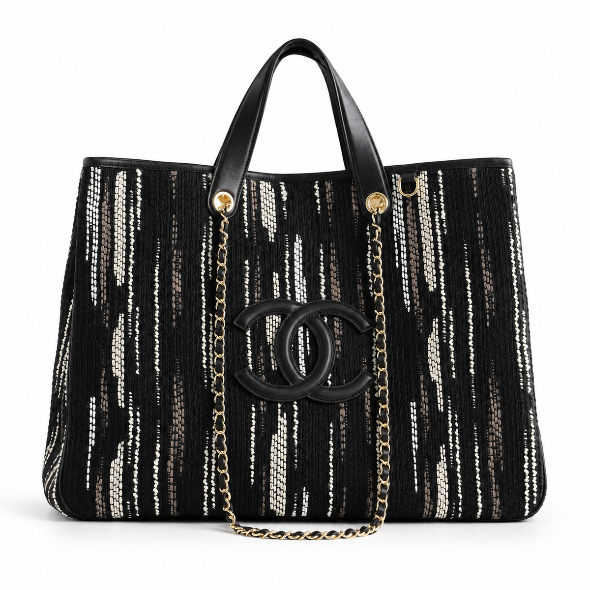 Chanel Large Shopping Bag – Black, White & Gray front view