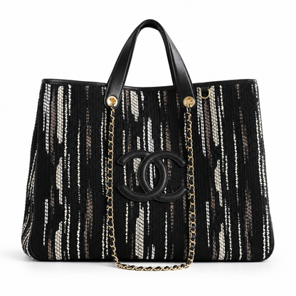 Chanel Large Shopping Bag – Black, White & Gray front view