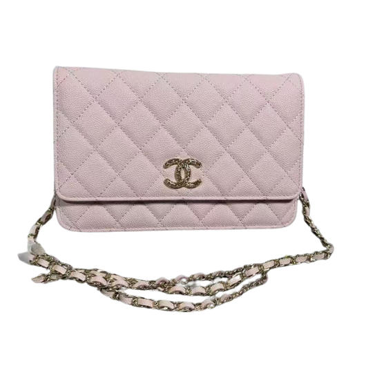 Pre-Owned Authentic Caviar Quilted Crystal CC Wallet On Chain WOC Light Pink