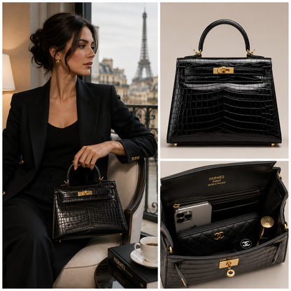 Pre-Owned Authentic Hermes Kelly 25 Black Real Crocodile