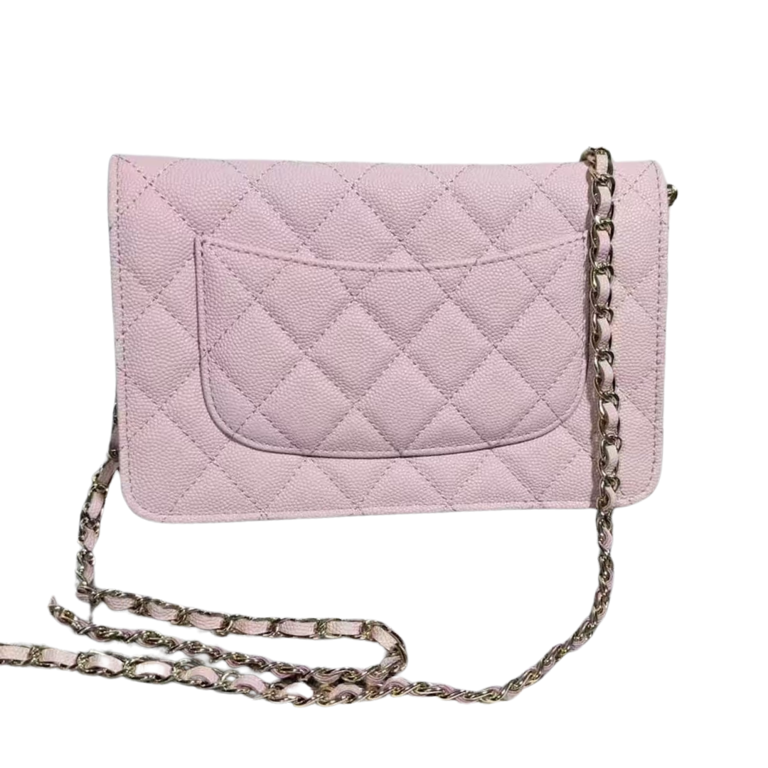 Pre-Owned Authentic Caviar Quilted Crystal CC Wallet On Chain WOC Light Pink
