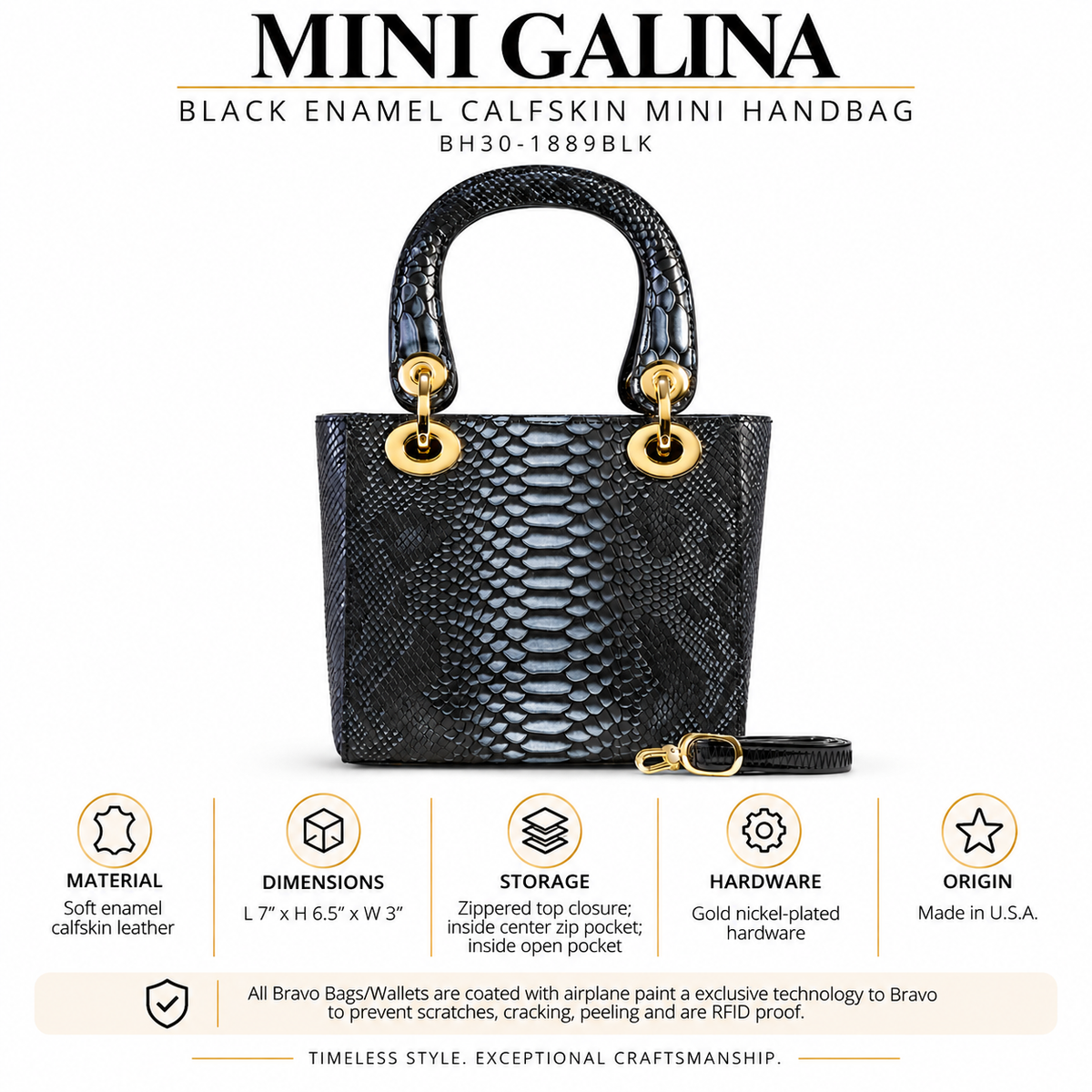 Mini Galina Black Enamel Calfskin Mini Handbag BH30-1889BLK