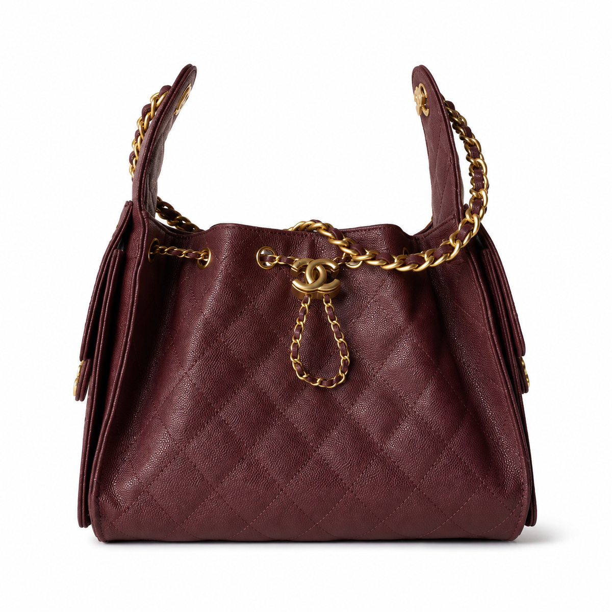 Chanel 25 Small Hobo – Burgundy Calfskin – Gold Hardware front view