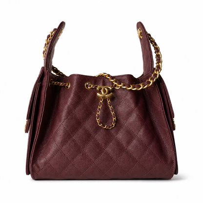 Chanel 25 Small Hobo – Burgundy Calfskin – Gold Hardware front view