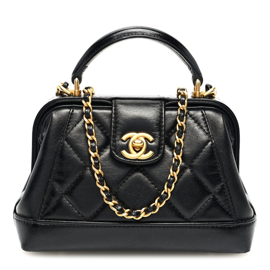Pre-Owned Authentic Chanel Shiny Lambskin Quilted Mini Cocodoc Top Handle Black Bag