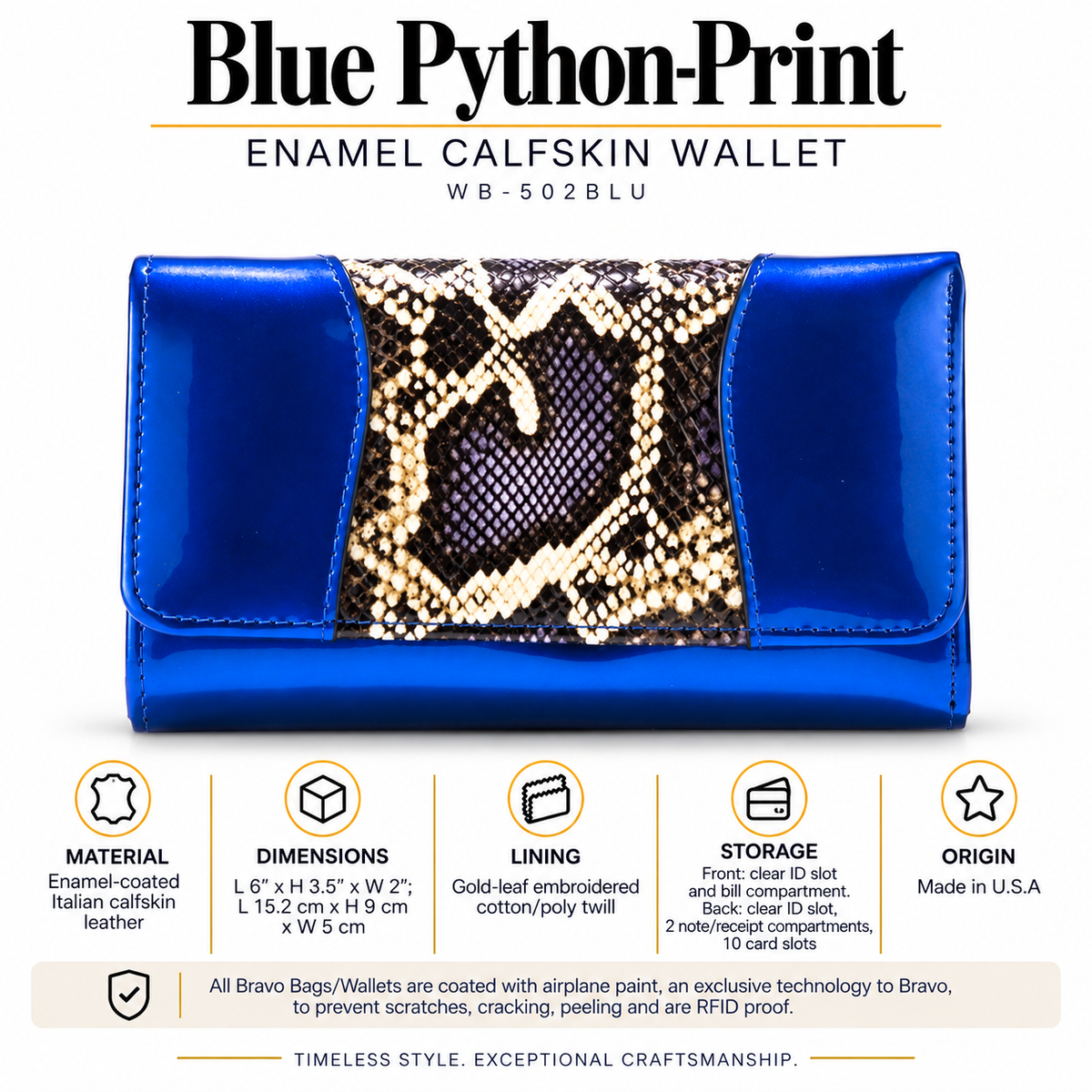 Blue Python-Print Enamel Calfskin Medium Wallet WB-502BLU