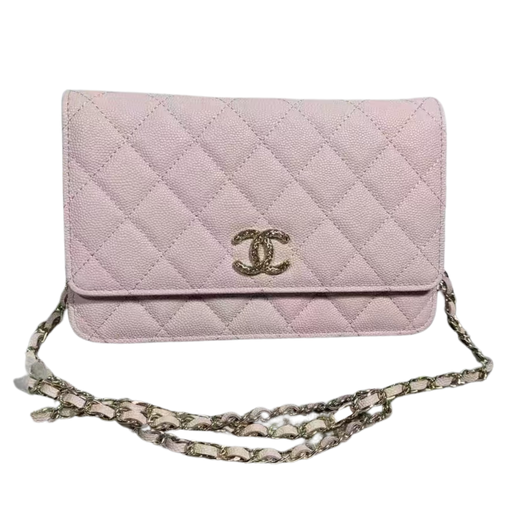 Pre-Owned Authentic Caviar Quilted Crystal CC Wallet On Chain WOC Light Pink