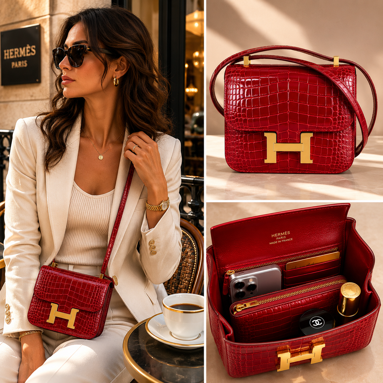 Pre-Owned Authentic Hermes Constance 18  Shiny Alligator Leather in Red