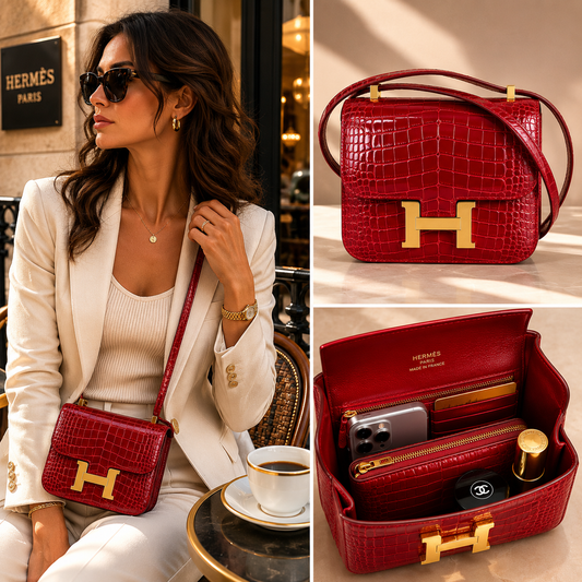 Pre-Owned Authentic Hermes Constance 18  Shiny Alligator Leather in Red