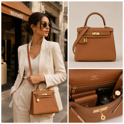 Pre-Owned Authentic Hermes Kelly 25 Tan Leather in Gold