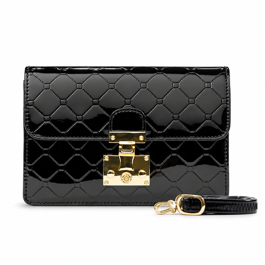 Julia Black Enamel Calfskin Crossbody Clutch B70-1779BLK front view