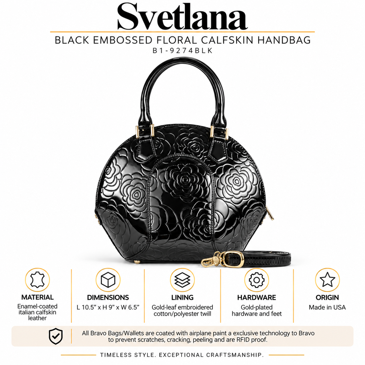 Svetlana Black Embossed Floral Calfskin Handbag B1-9274BLK