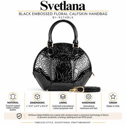 Svetlana Black Embossed Floral Calfskin Handbag B1-9274BLK