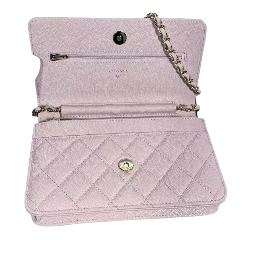 Pre-Owned Authentic Caviar Quilted Crystal CC Wallet On Chain WOC Light Pink