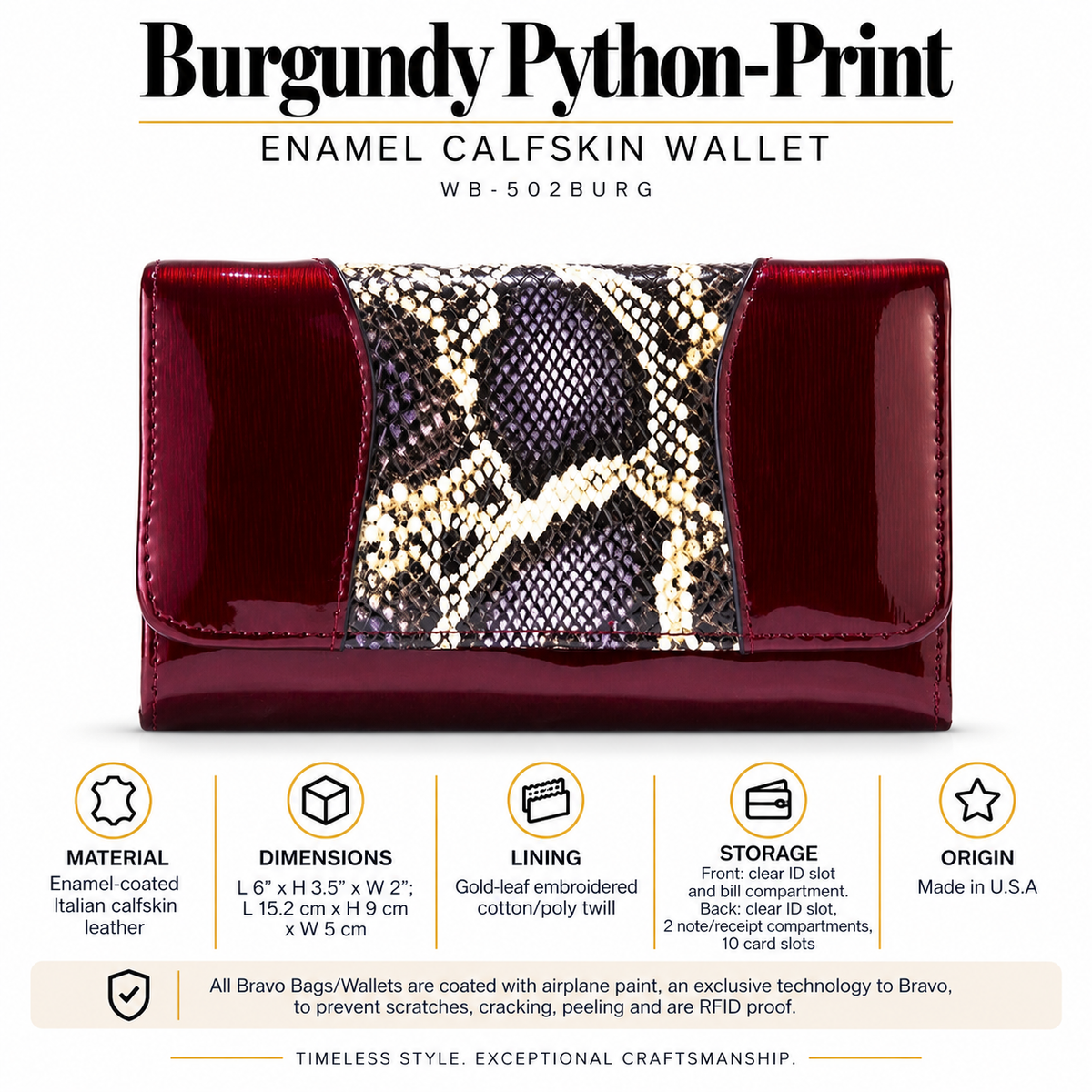 Burgundy Python-Print Enamel Calfskin Medium Wallet WB-502BURG
