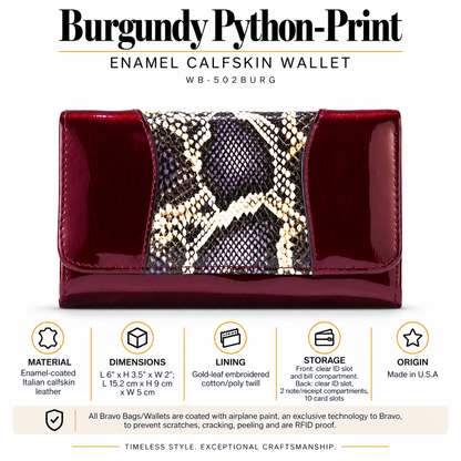 Burgundy Python-Print Enamel Calfskin Medium Wallet WB-502BURG