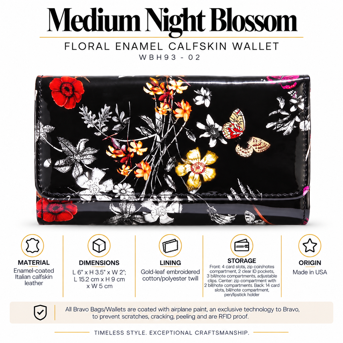 Medium Night Blossom Floral Enamel Calfskin Wallet WBH93-02