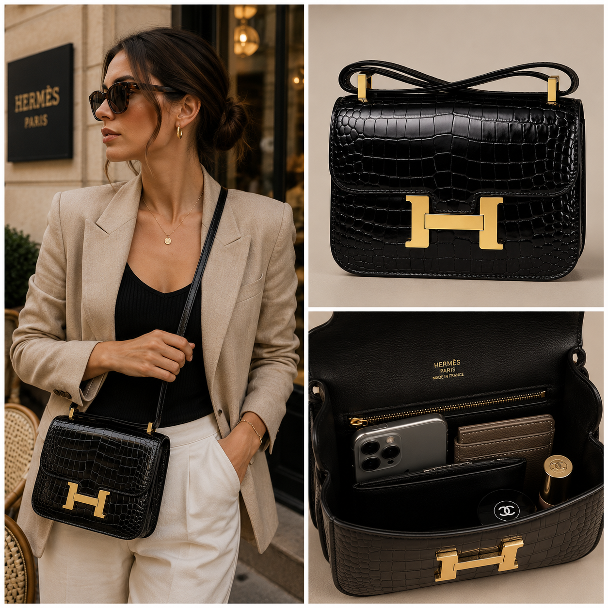 Pre-Owned Authentic - Hermes Constance 18 in Black Shiny Alligator with Gold Hardware