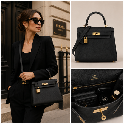 Pre-Owned Authentic Hermes Kelly Sellier 25 in Black Epsom with Gold Hardware