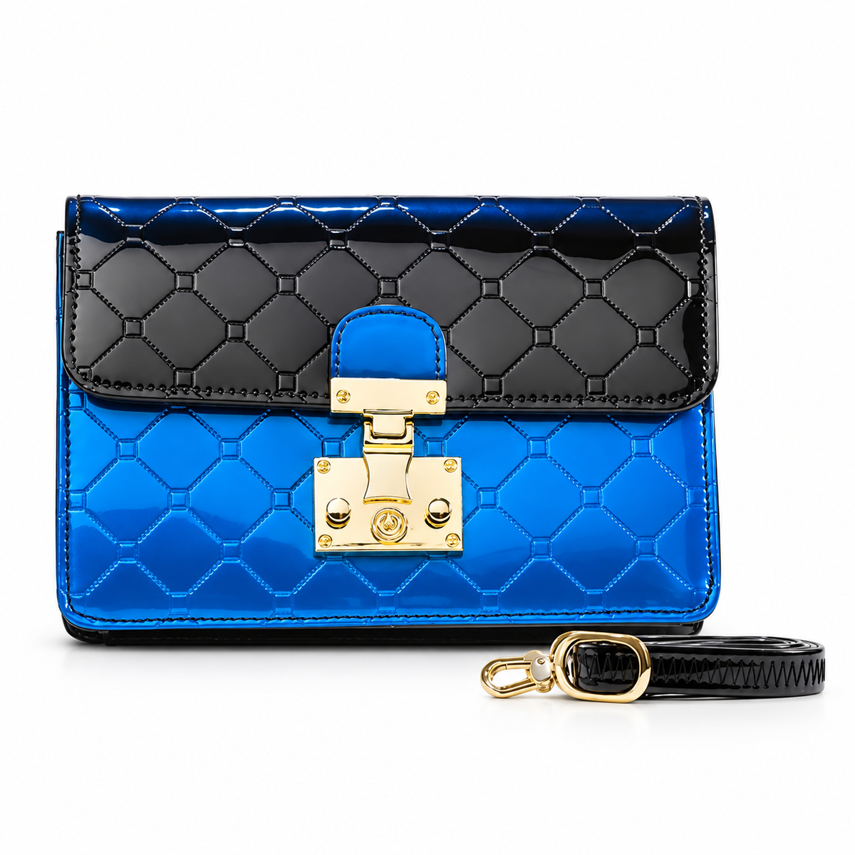 Julia Blue Enamel Calfskin Crossbody Clutch B97-1779BLU front view
 
