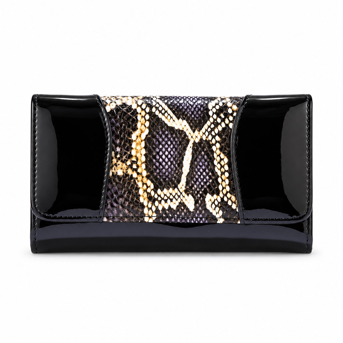 Black Python-Print Enamel Calfskin Medium Wallet WB-502BLK front view