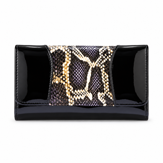 Black Python-Print Enamel Calfskin Medium Wallet WB-502BLK front view