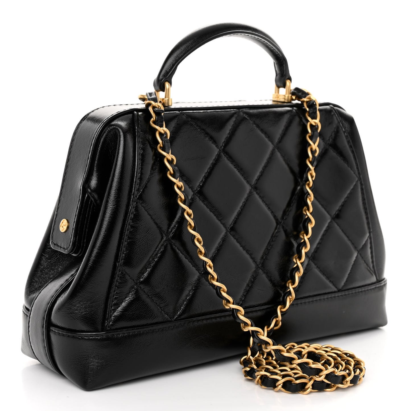 Pre-Owned Authentic Chanel Shiny Lambskin Quilted Mini Cocodoc Top Handle Black Bag