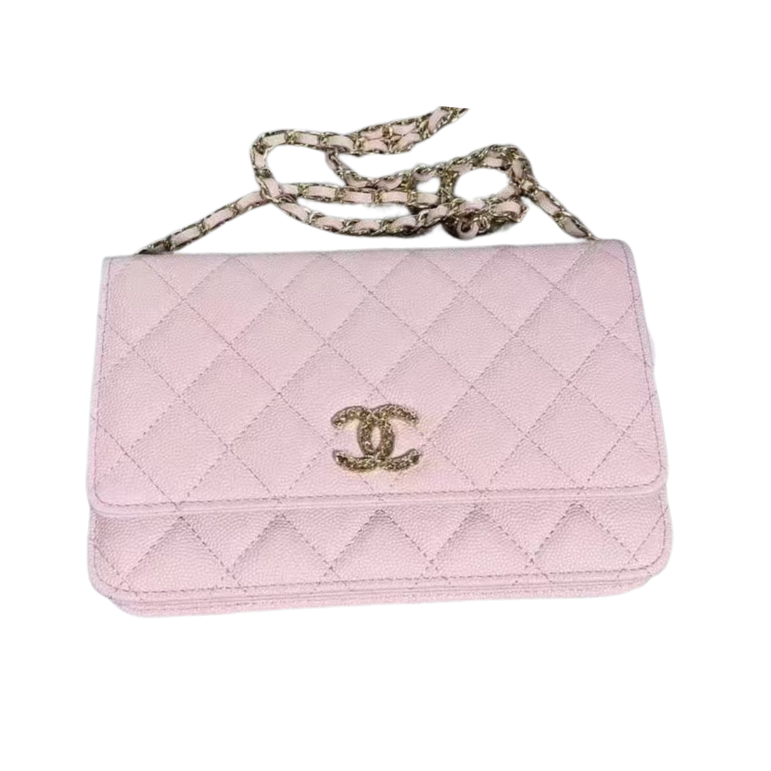 Pre-Owned Authentic Caviar Quilted Crystal CC Wallet On Chain WOC Light Pink