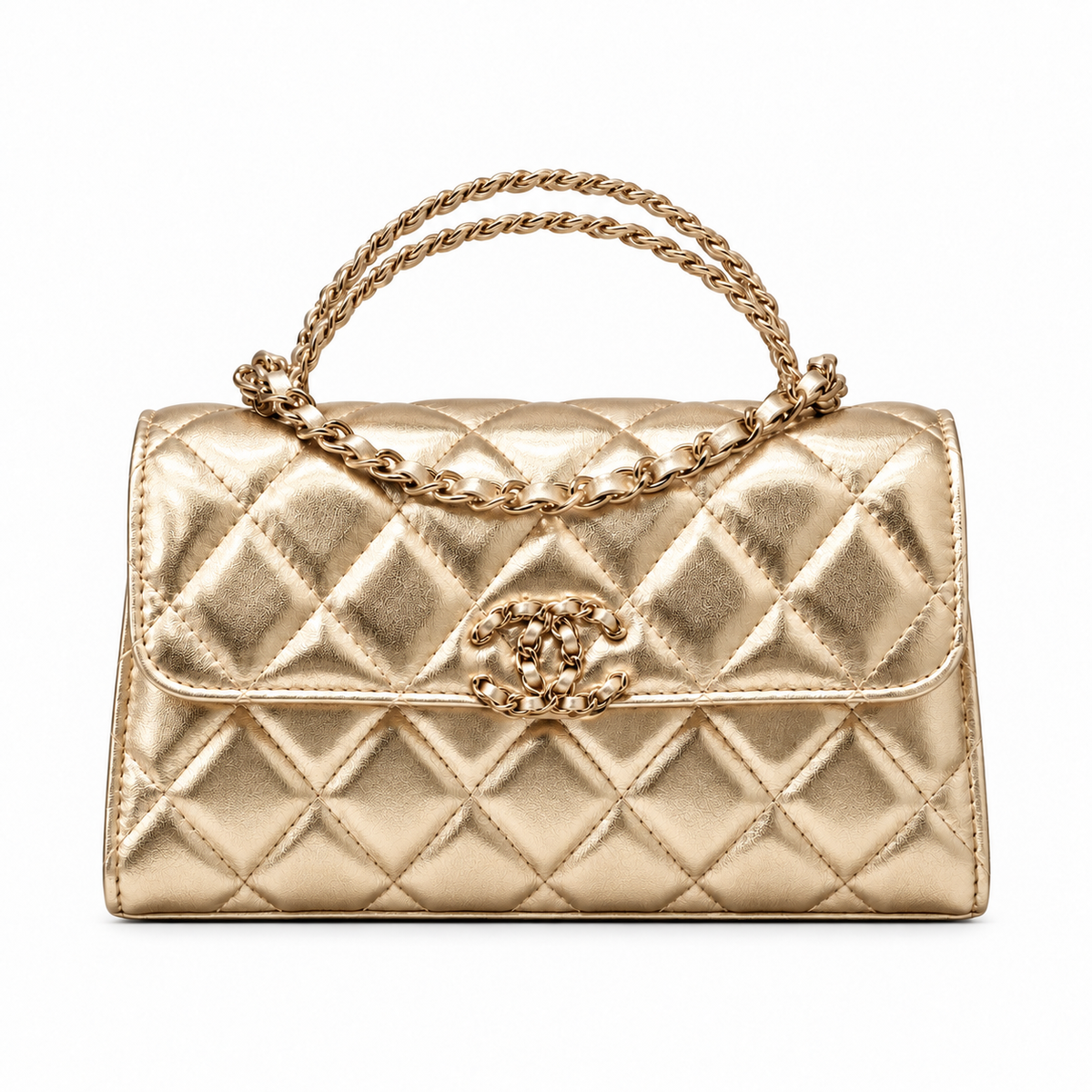 Chanel Clutch on Chain with Top Handle  in Champagne Gold front view