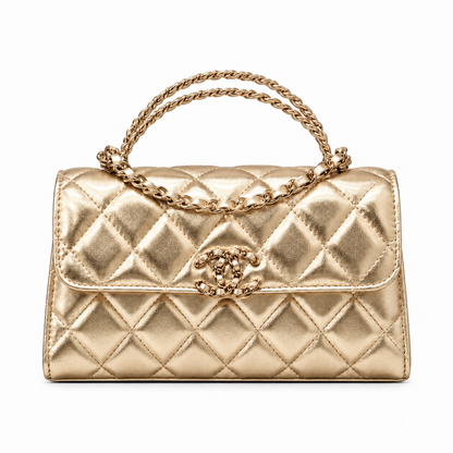 Chanel Clutch on Chain with Top Handle  in Champagne Gold front view