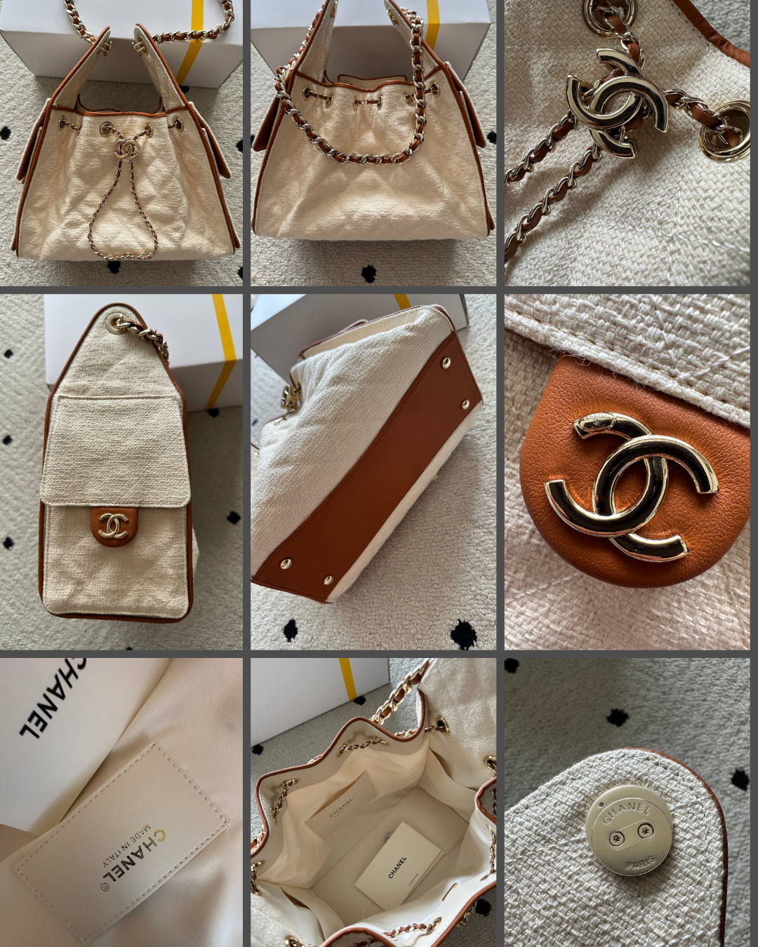 A 3x3 collage showing multiple views of a Chanel handbag, including the exterior, interior, hardware, and close-up details. The bag appears to be a light beige or cream quilted fabric with brown leather trim and a prominent gold-tone interlocking CC logo.