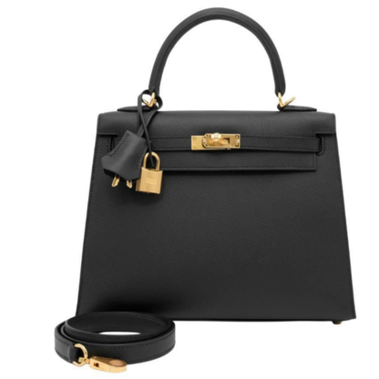 Hermès Kelly 25 Black embossed calfskin leather front view