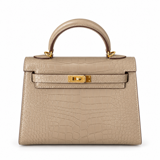Hermès Kelly 25 Light Brown crocodile-embossed leather front view