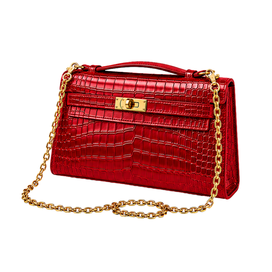 Hermès Kelly Pochette Red crocodile-embossed leather front view