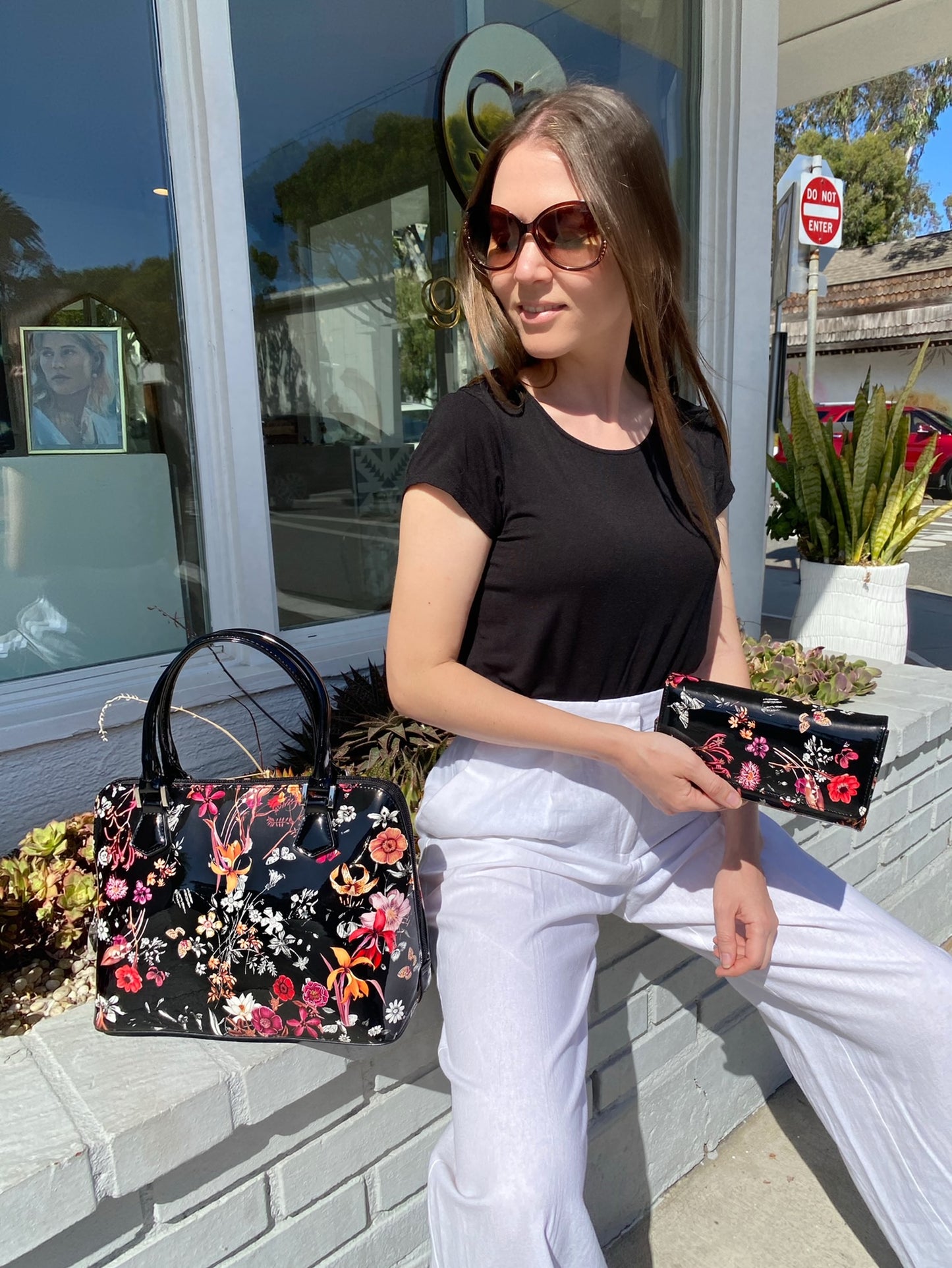 Anuta Medium Night Blossom Black Flower Print Leather Handbag BH93-2012
