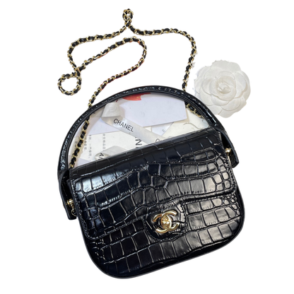 Chanel Mini Flap Bag With Top Handle Crocodile Leather in Black AS6424 - Pre-Owned Authentic