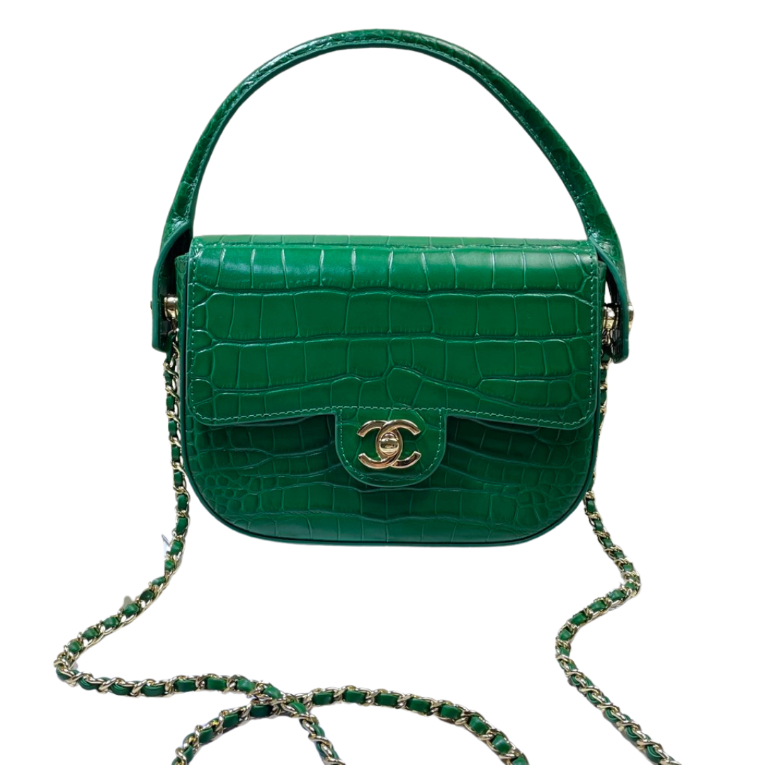 Chanel Mini Flap Bag With Top Handle Crocodile Leather in Green AS6424 - Pre-Owned Authentic