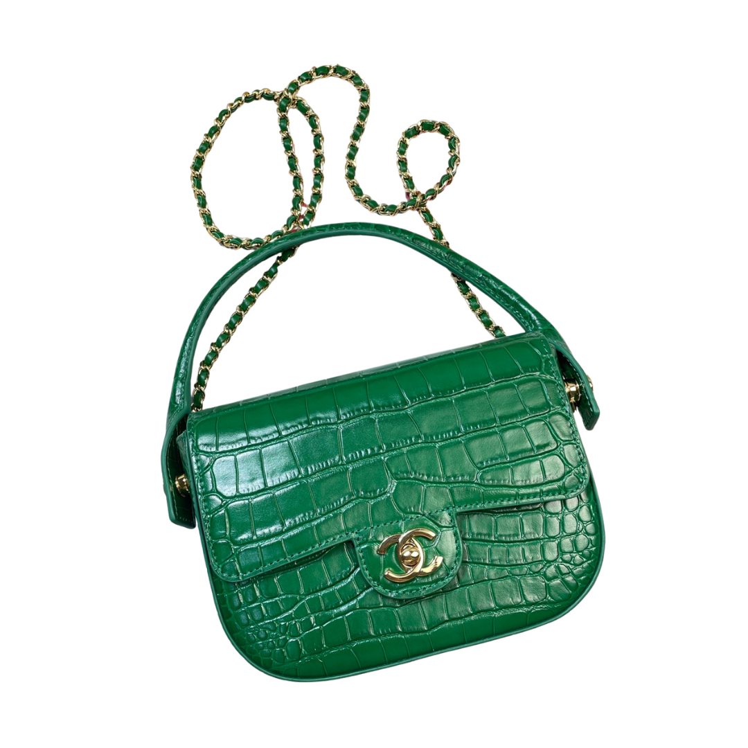 Chanel Mini Flap Bag With Top Handle Crocodile Leather in Green AS6424 - Pre-Owned Authentic